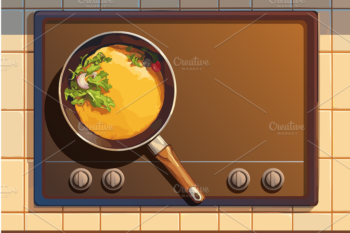 Cartoon frying pan with omelet, a Food Illustration by LadadikArt