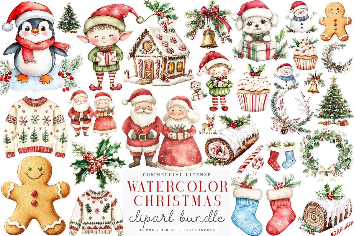 Watercolor Cute Christmas Clipart, a Transportation Illustration by SinaCreation (Photo 1 of 6)