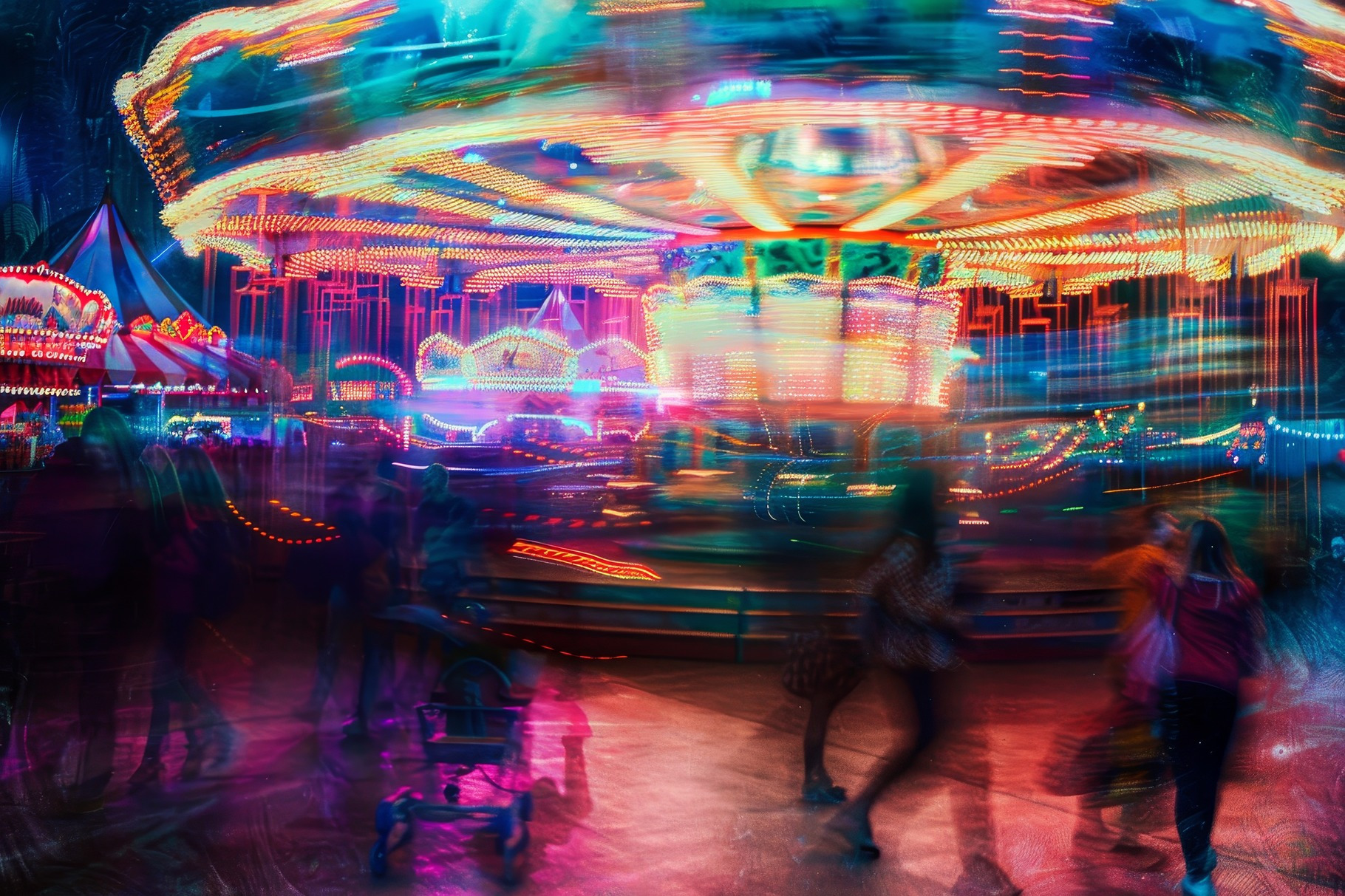 A carousel in full motion illuminate, a Photo by Tanuart