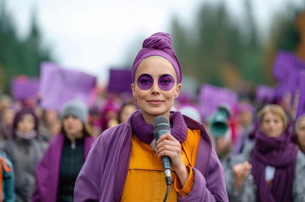 Empowered Woman Leading Protest with Megaphone, Group of Activists in Backgroun, a Photo by AS photostudio