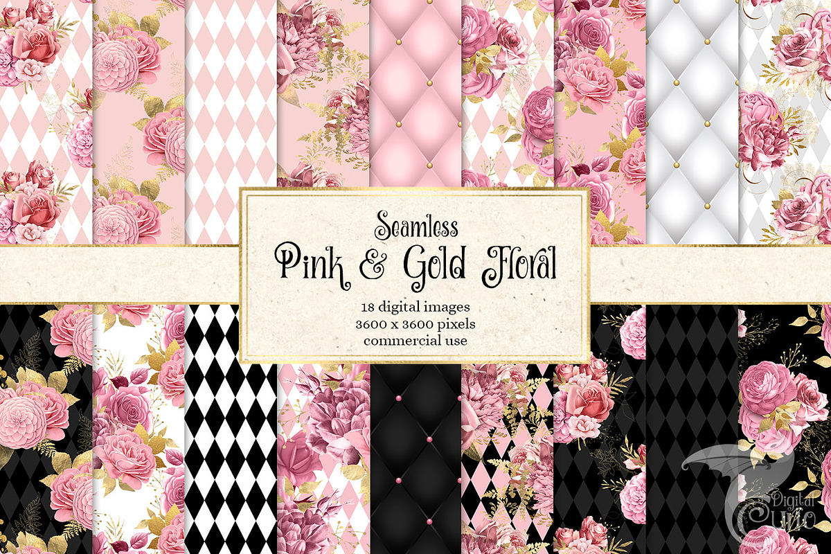 Pink & Gold Floral Digital Paper, a Pattern Graphic by Digital Curio
