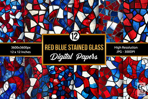 Red Blue Stained Glass Digital Paper, a Pattern Graphic by Creative Store