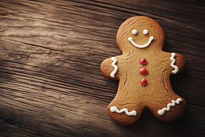 Christmas gingerbread man cookie on wooden table, a Food & Drink Photo by AlyaAnd