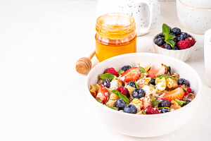Viral trendy scrambled pancakes with fresh berries, a Food & Drink Photo by Rimma