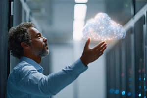 Man interacting with digital cloud in data center, a Business Photo by AlyaAnd