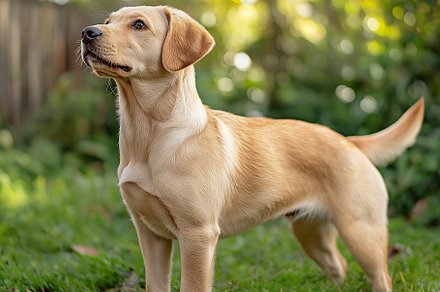 A curious golden Labrador puppy stands alert in a lush green garden., an Animal Photo by ImageMir