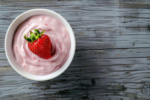 Bowl with fresh strawberry and yogurt on wooden table, a Food & Drink Photo by AlyaAnd