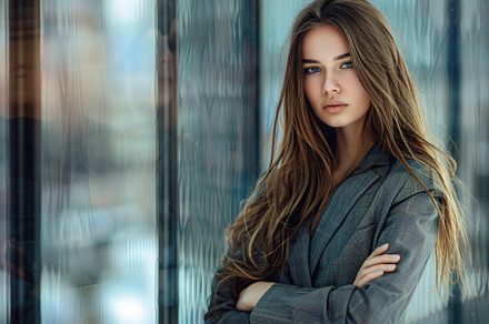 Young business woman in business suit standing on blurred office background, a Person Photo by AlyaAnd