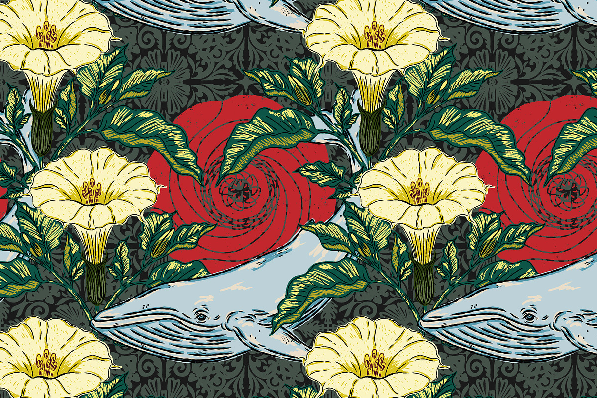 Asian Inspired Whale Datura Pattern, a Pattern Graphic by NayaChu (Photo 2 of 11)