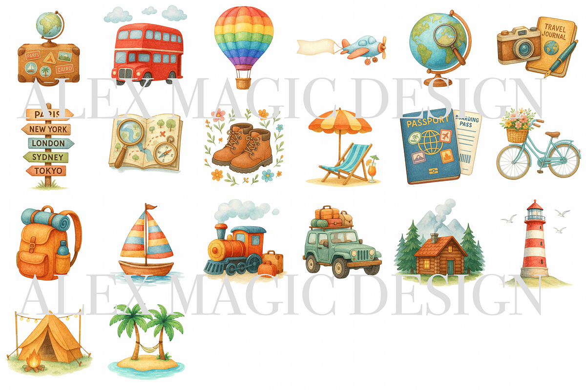 Travel Clipart Set, a Decorative Illustration by Pati Charm Studio (Photo 2 of 8)