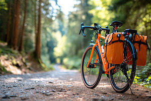 Bicycle with travel panniers rests on a scenic forest road surrounded by lush g, a Transportation Photo by AlyaAnd
