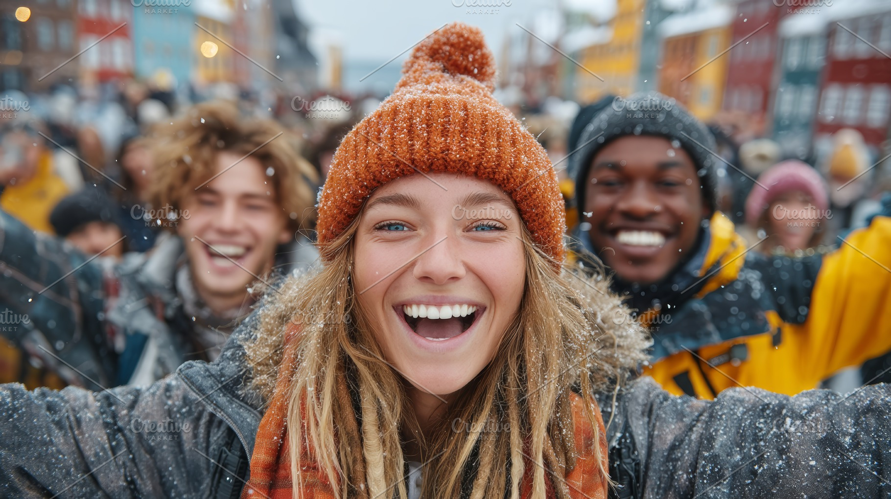 Joyful students celebrating together outdoors in a vibrant winter setting, a Photo by AS photostudio