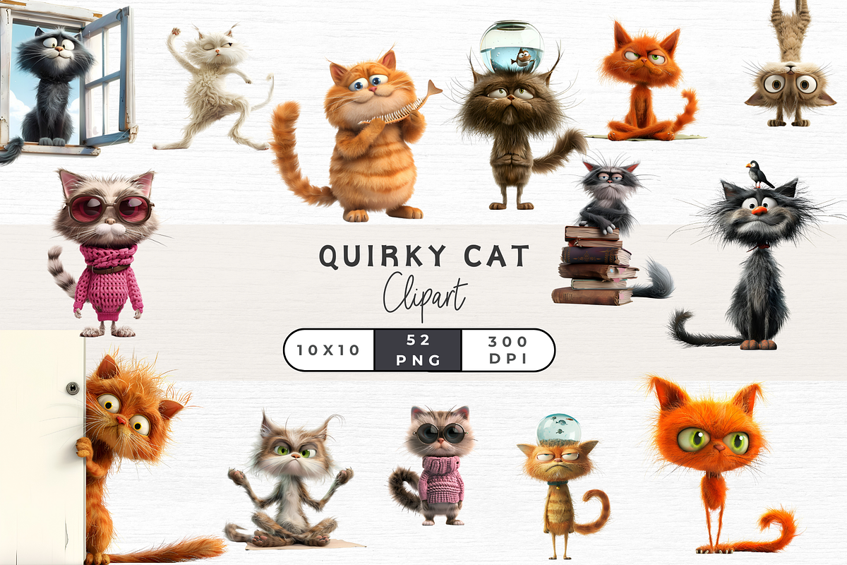 Quirky Cat Clipart, Vol 1, 52 PNG, an Animal Illustration by EllyandLima (Photo 1 of 8)