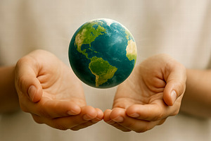Hands holding floating Earth, a Photo by rarrarorro