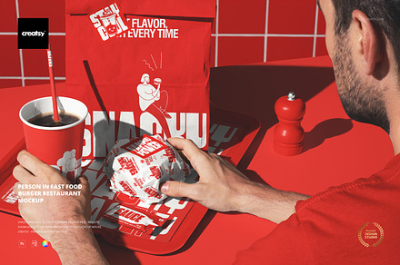 Person in Fast Food Burger Restauran, a Packaging Mockup by creatsy5