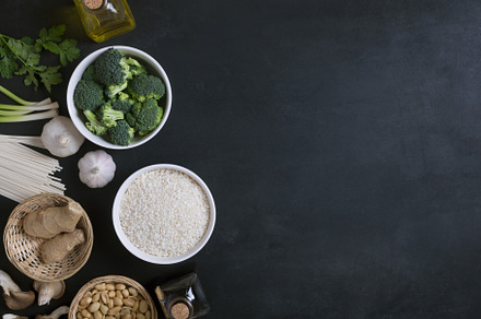 Chinese food raw ingredients vegetables and nuts on the dark background flat, a Food & Drink Photo by zakiroff