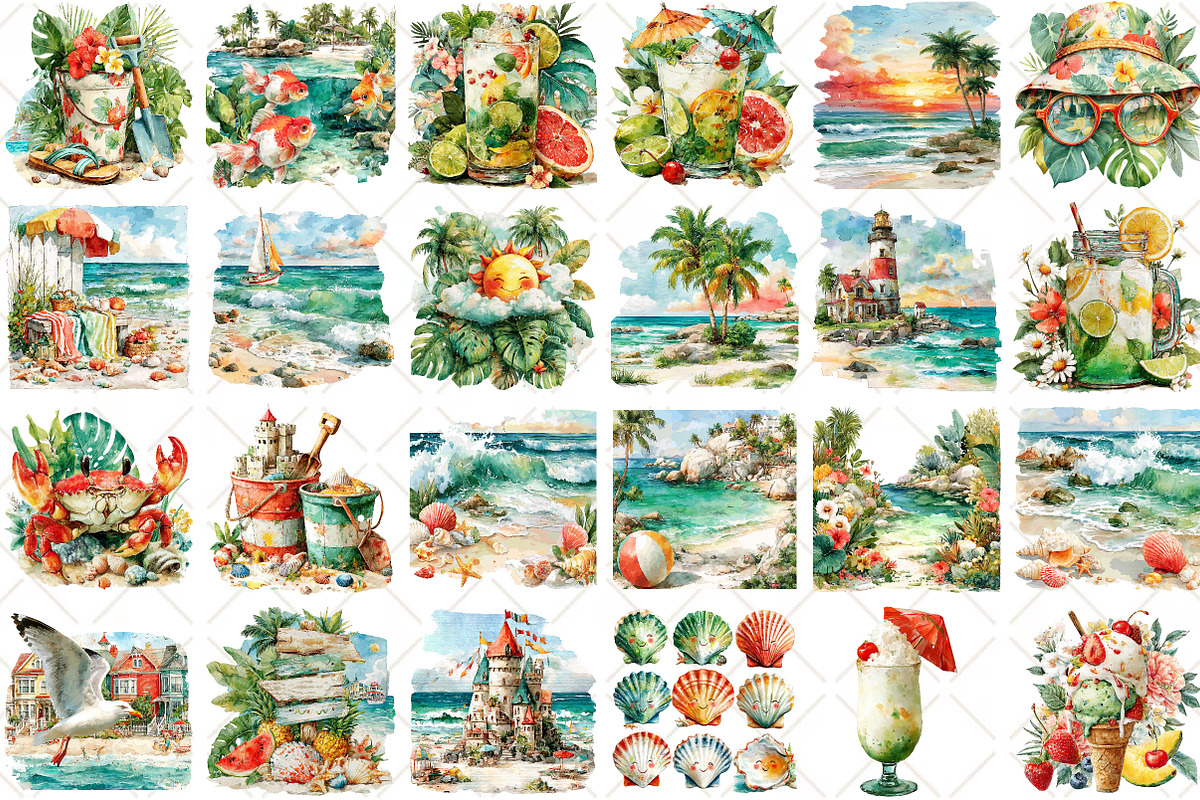 Watercolor Summer Beach Clipart, an Illustration by Black Bird Studio (Photo 2 of 5)