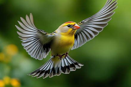 Beautiful goldfinch bird in fly on blurred green background, an Animal Photo by AlyaAnd