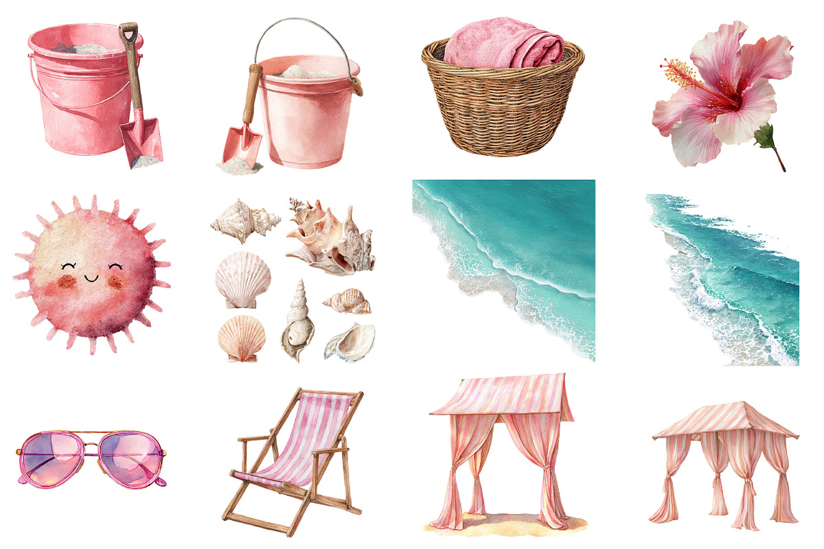 Watercolor Pink Beach Day Clipart, an Illustration by DreamCafeArt (Photo 5 of 8)