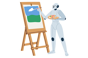 Robot paints picture on white canvas, a Technology Illustration by Vectorbuum