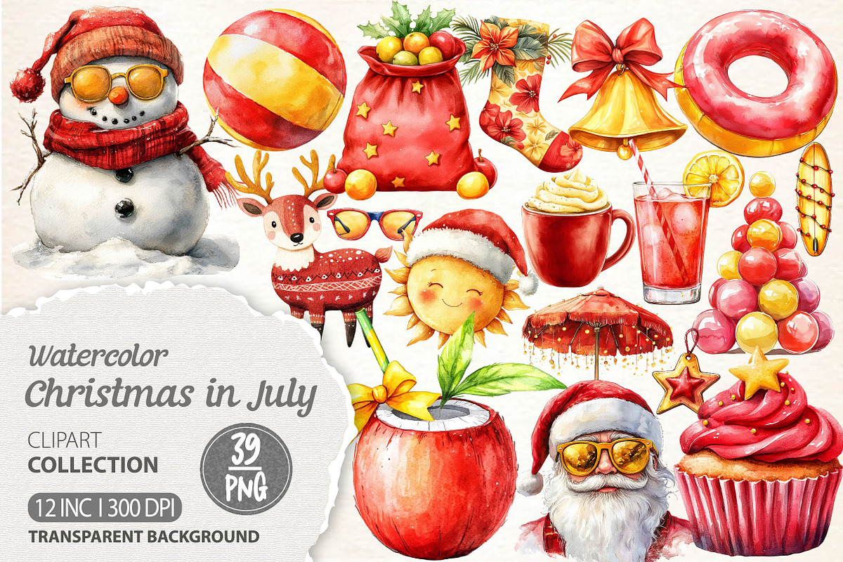 Watercolor Christmas in July Clipart, an Illustration by Dream Creation (Photo 1 of 4)