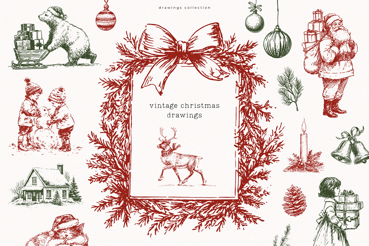Vintage Christmas Drawings, a Seasonal Illustration by PeDe Designs (Photo 1 of 12)