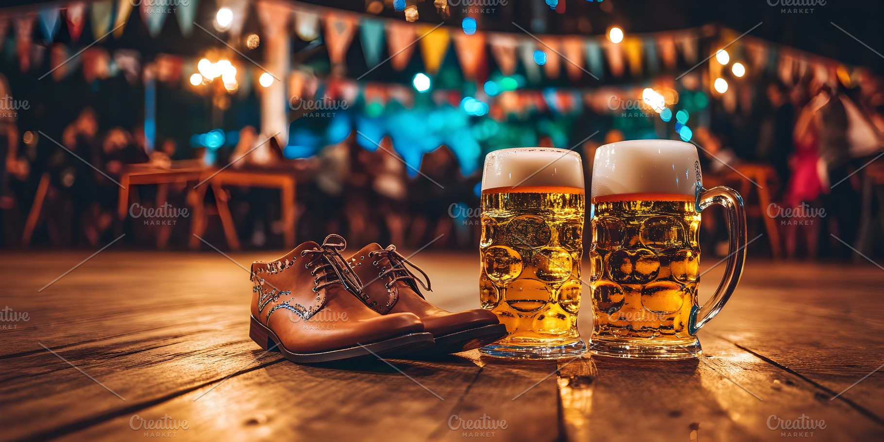Beer festival celebration with shoes and mugs on floor, a Food & Drink Photo by Photostock