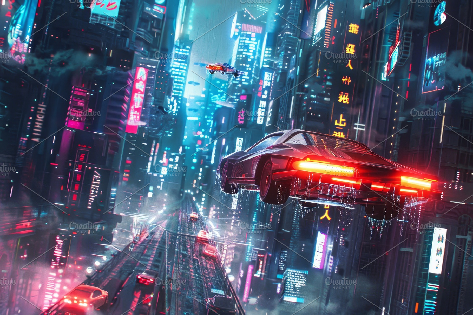 A car flying over a neon-lit city fi, a Photo by Iftikhar Alam
