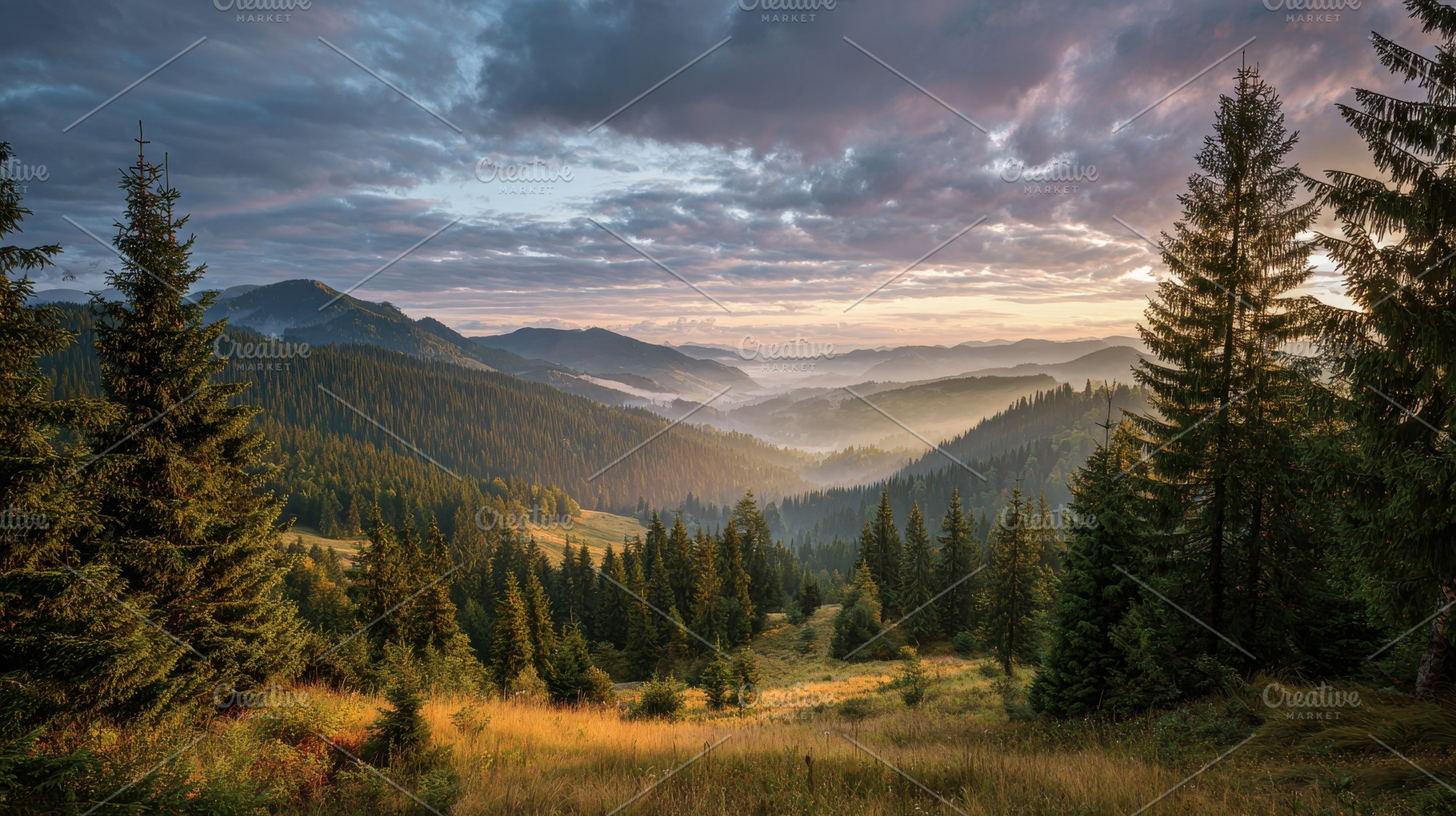 Majestic sunrise over a misty mounta, a Photo by Pavel_design