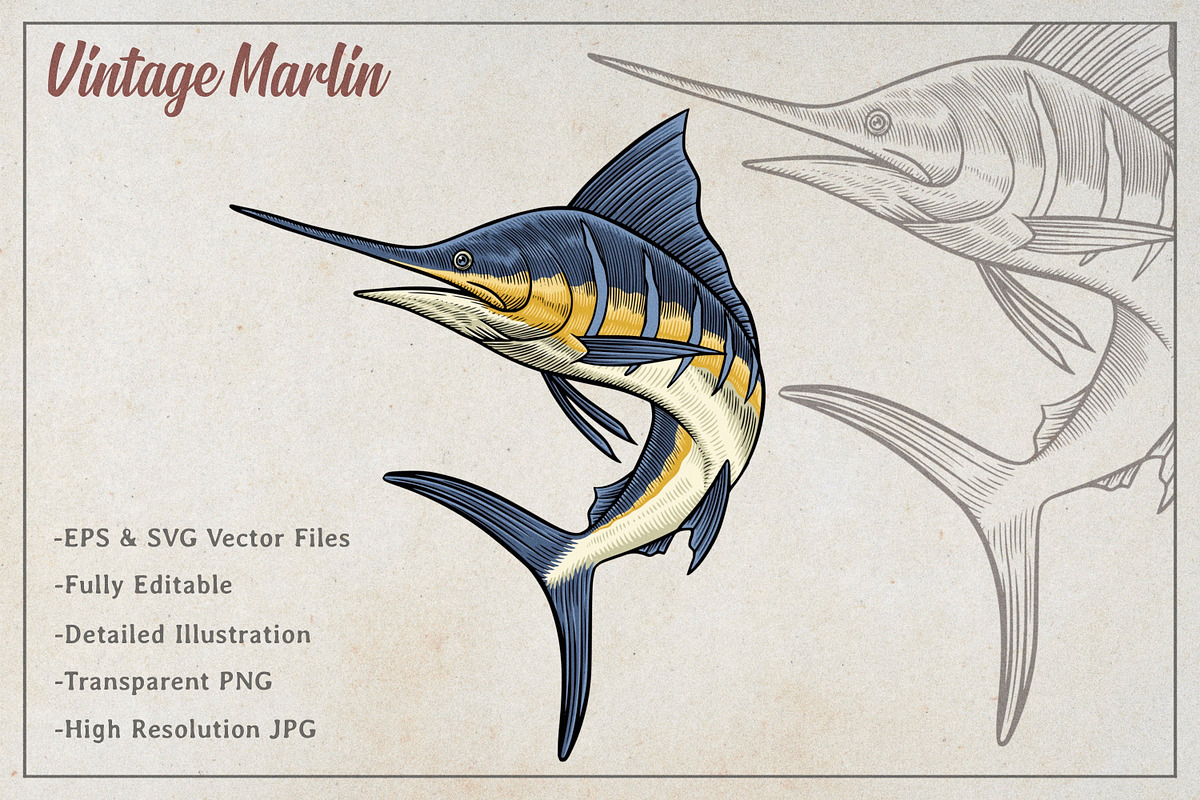 Vintage Marlin Vector Art, an Animal Illustration by Kusumaillustration (Photo 2 of 4)