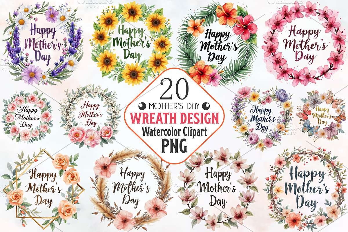 Mothers Day Wreath Design Png Bundle, an Illustration by RobertsArt (Photo 1 of 7)