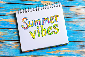 Colorful notepad featuring vibrant summer vibes text on wood table, a Background Photo by AlyaAnd