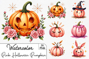 Pink Halloween Pumpkin Clipart, an Illustration by CrexoraLab