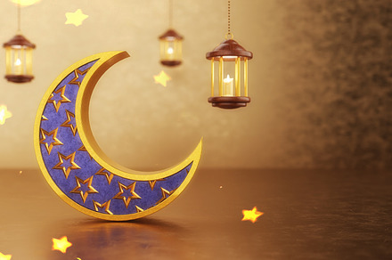 Eid Mubarak islamic design with hollow crescent moon on golden b, a Holiday Photo by Ministocker