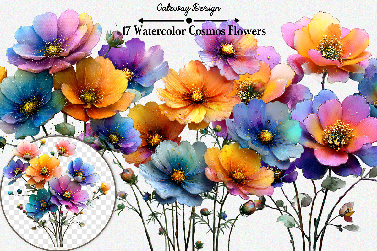 Watercolor Cosmos Flowers clipart, an Illustration by GatewayDesign (Photo 1 of 5)
