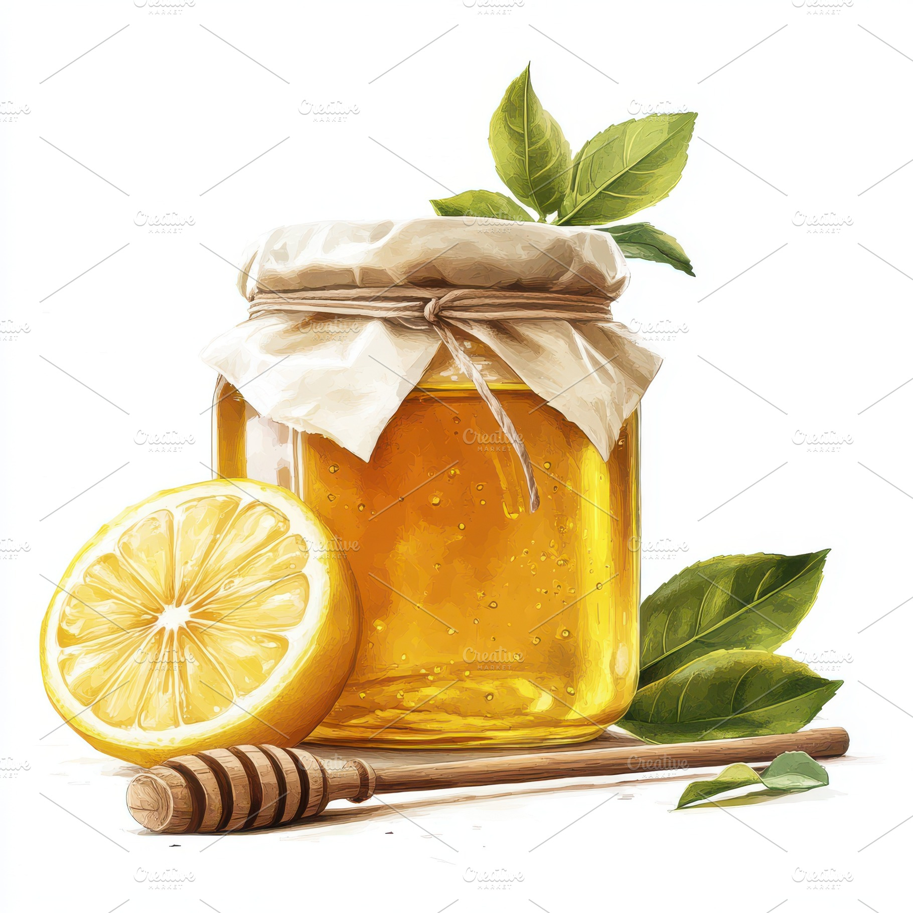 Wooden stick and Honey jar with lemo, a Food & Drink Photo by Pixeness Studio