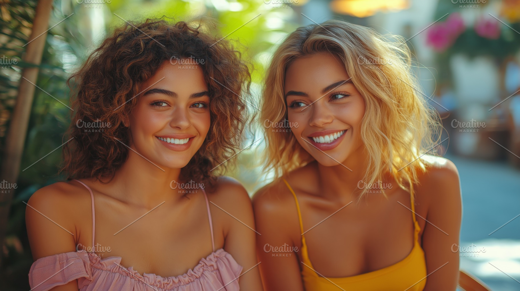 Two smiling young women with curly and wavy hair, radiating joy in a sunlit out, a Person Photo by ImageMir