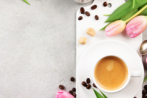 Spring Coffee Flat Lay with Tulips and Gift Box, a Food & Drink Photo by Natalia Klenova's Shop