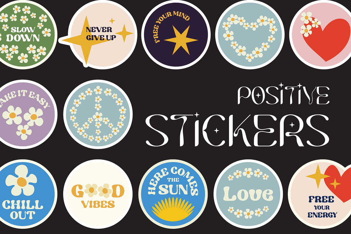 Set Positive Stickers Groovy style, an Object Graphic by ViktoriaLapshyna (Photo 1 of 4)