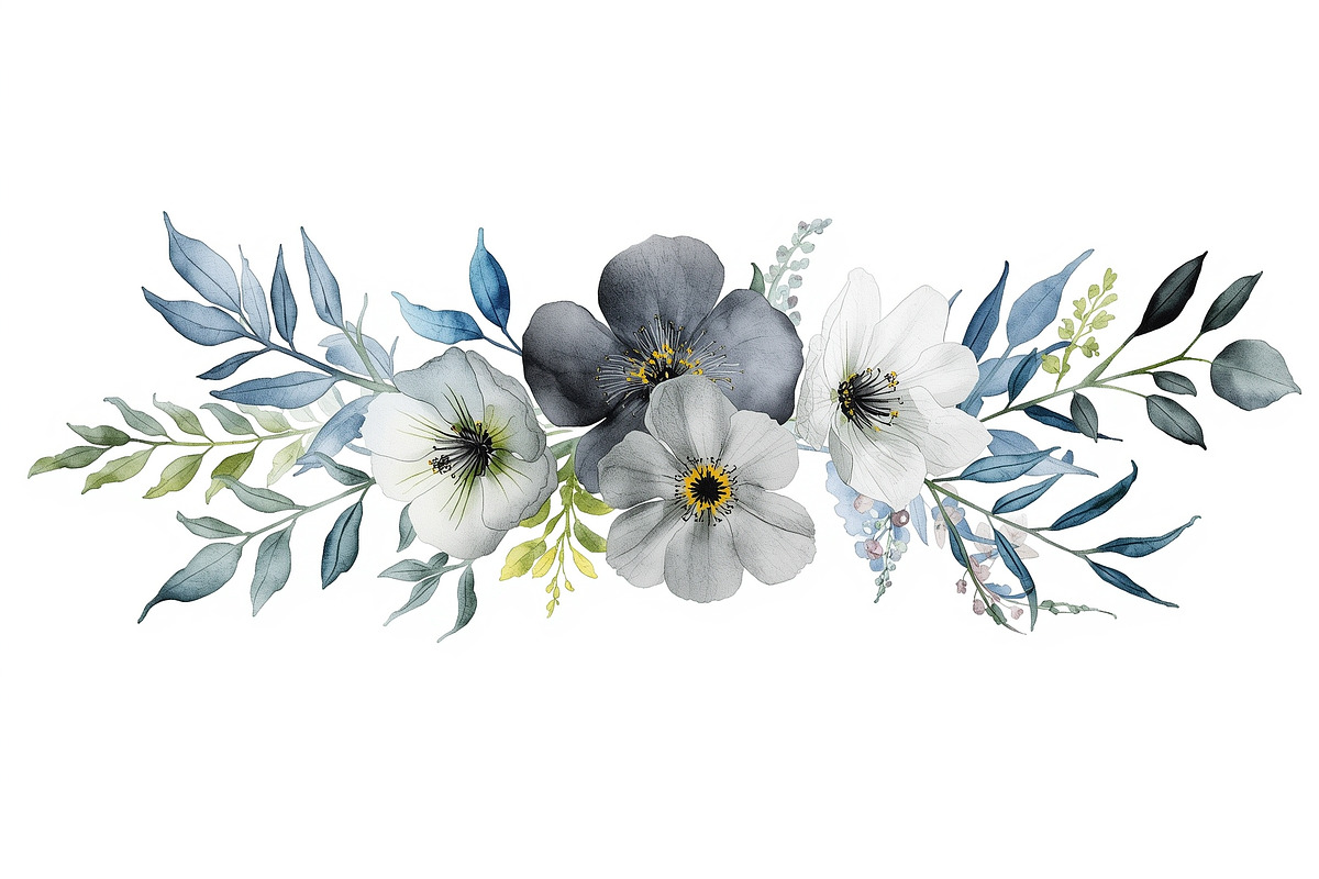 Blue Watercolor Floral Set, an Illustration by balal (Photo 6 of 11)
