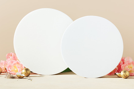 Empty round podium, easter gold eggs with spring tulip flowers o, a Holiday Photo by Natalia Klenova's Shop