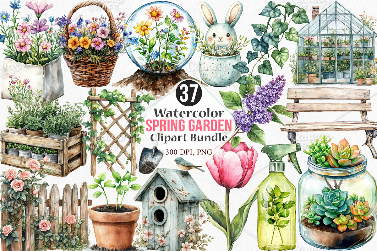 Watercolor Spring Garden Clipart PNG, an Illustration by Canvas Craft (Photo 1 of 7)