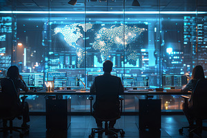 Professionals at Modern High-Tech Workstations with Multiple Screens in Futuris, a Photo by AS photostudio