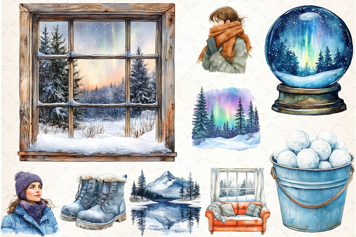 Cozy Winter Northern Lights Bundle, an Illustration by Libby Wishes (Photo 2 of 7)