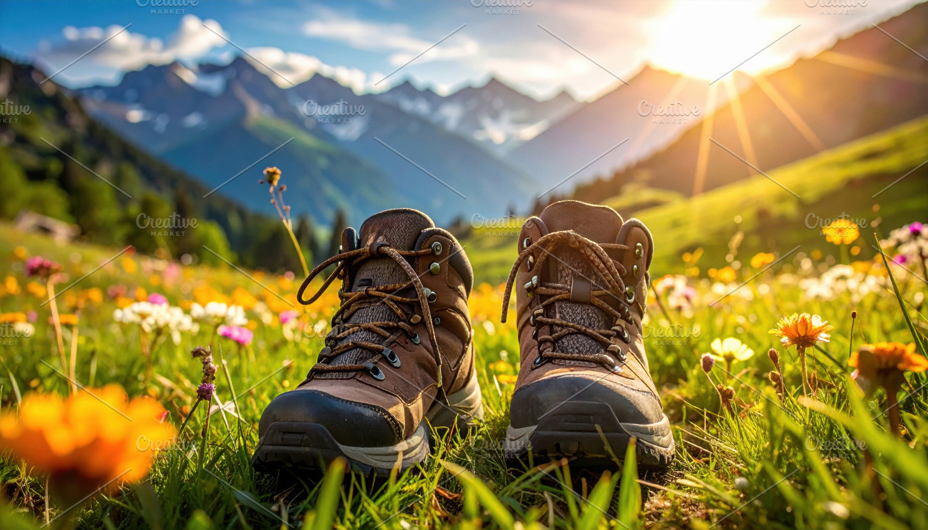 Mountain Hiking Boots in Alpine Meadow Sunrise, a Sports & Recreation Photo by Davizro's Market