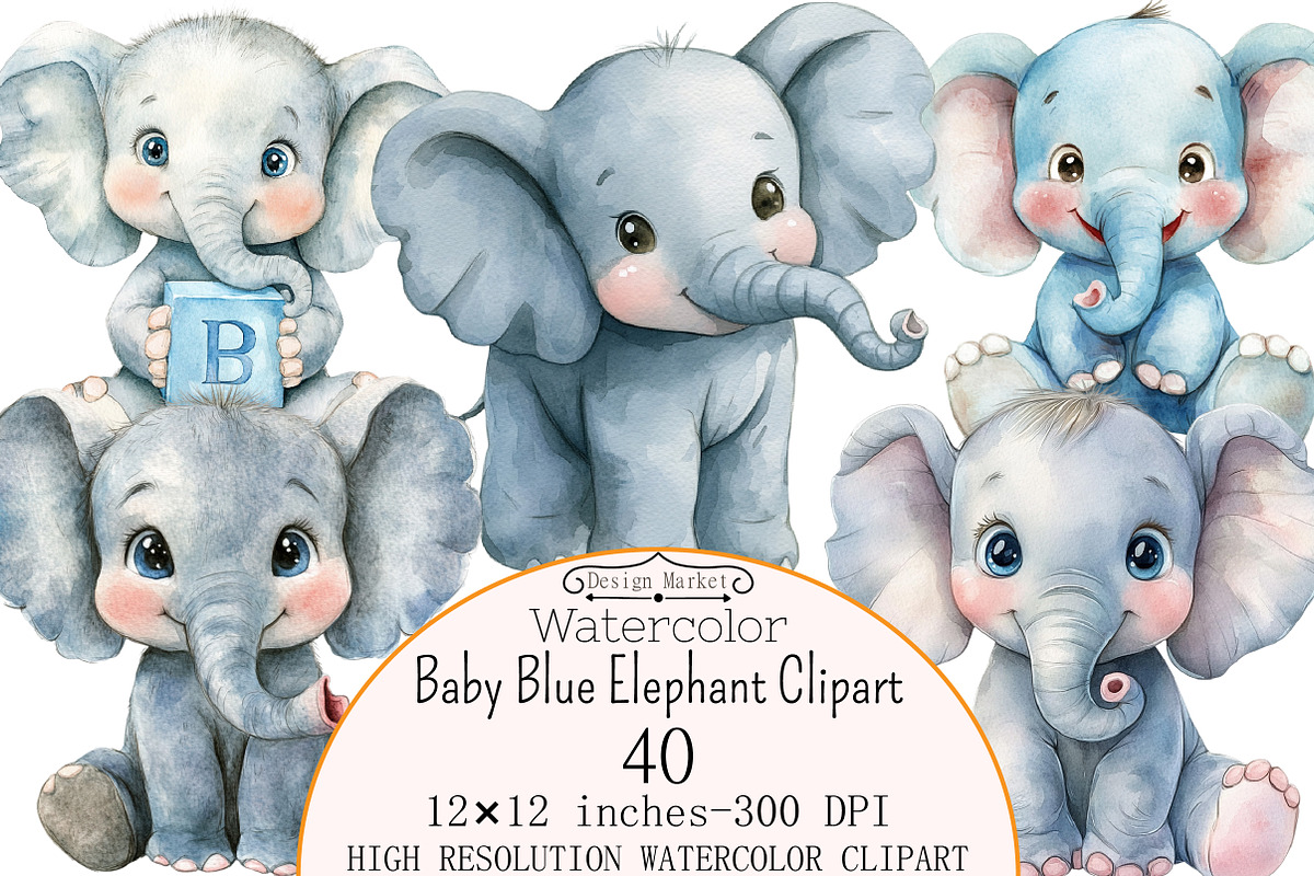 Watercolor Baby Blue Elephant Clipar, a Seasonal Illustration by Design Market (Photo 1 of 5)
