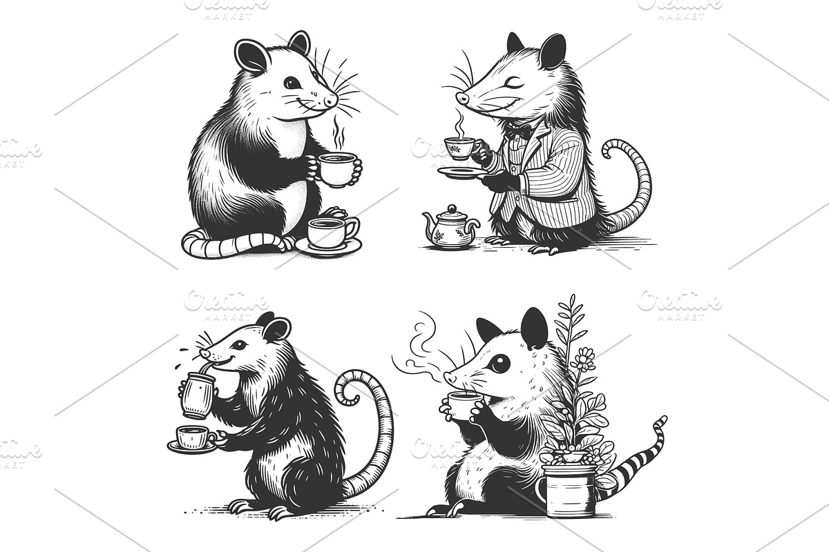 Opossums Enjoying Tea set vector, an Animal Illustration by AlexArt