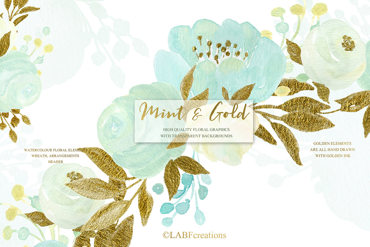 Mint and Gold. Watercolor flowers, an Illustration by LABFcreations (Photo 6 of 7)