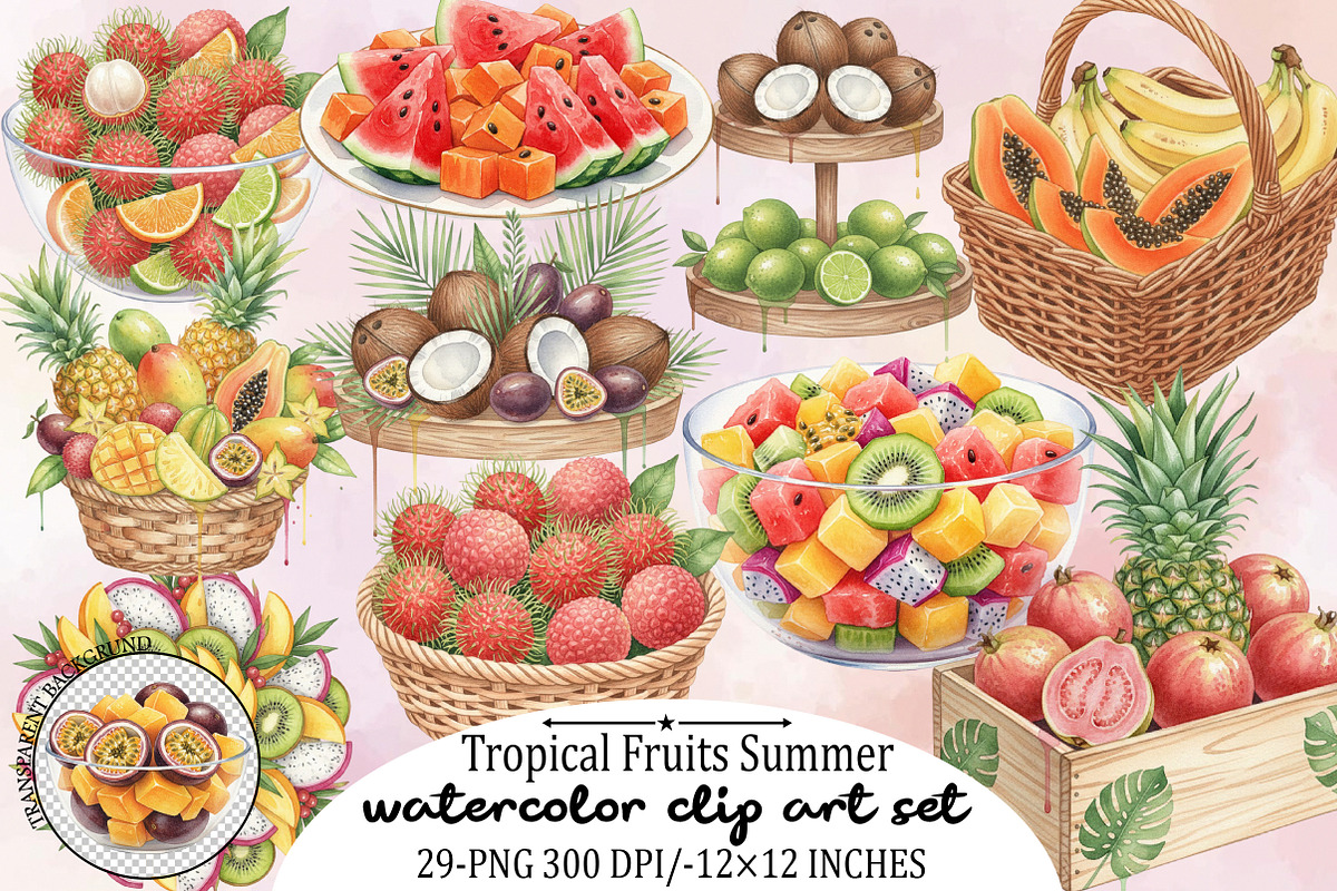 Watercolor Tropical Fruits Summer C, an Illustration by SVGArt (Photo 1 of 9)