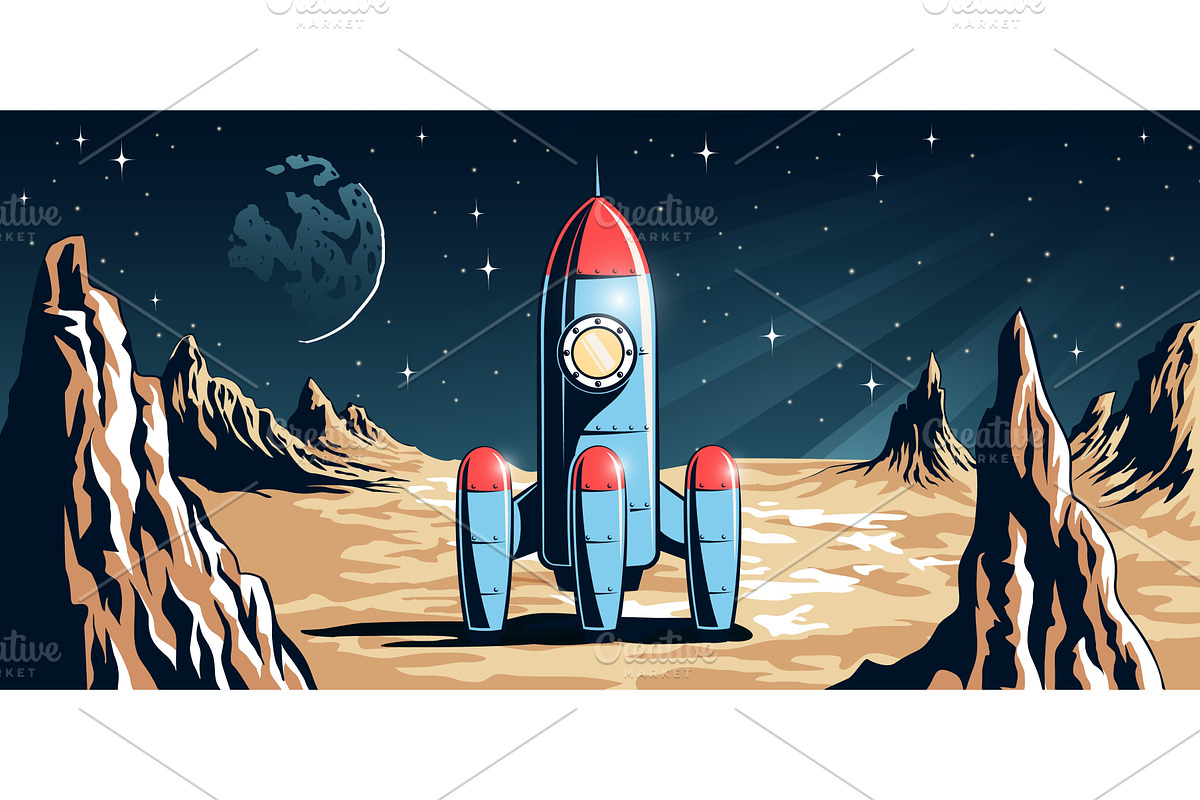 Rocket stands on a distant moon with, a Technology Illustration by Agor2012 shop